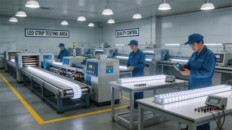 jimeng-2026-03-19-1853-LED灯带生产车间内部场景，自动化生产线运行，工人正在检测灯带亮度和质量，设备整....JPG