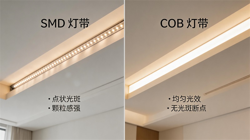 jimeng-2026-03-20-7135-对比画面，左侧为普通SMD灯带，光点明显，有颗粒感；右侧为COB灯带，光线连续均....JPG