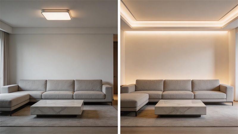 jimeng-2026-03-23-5110-一张图分成左右两部分形成对比画面，中间用白线隔开，左侧为没有灯带的客厅空间，仅有....JPG