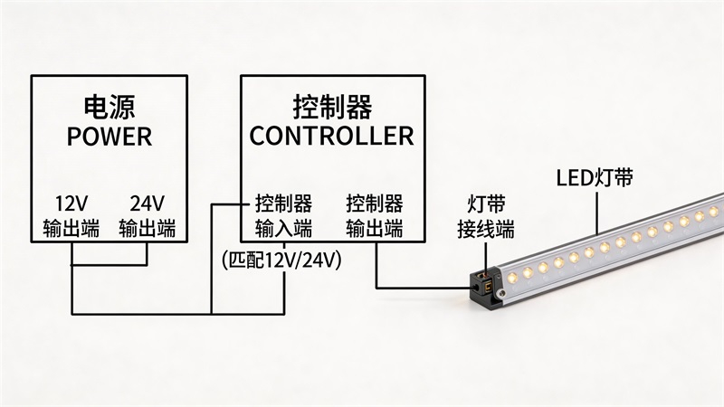 jimeng-2026-03-27-8338-LED灯带电源与控制器连接示意图 标注12V 24V电压匹配 控制器与灯带连接方....JPG jimeng-2026-03-27-8338-LED灯带电源与控制器连接示意图 标注12V 24V电压匹配 控制器与灯带连接方....JPG
