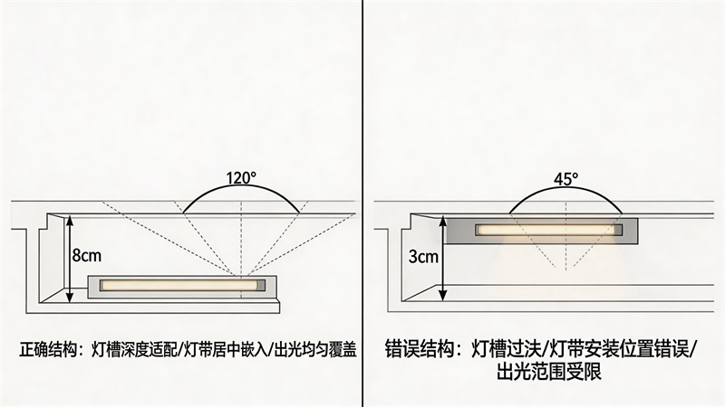 jimeng-2026-03-23-7800-灯带安装结构剖面示意图,展示灯槽深度、灯带位置、出光角度,正确与错误结构对比,包....JPG jimeng-2026-03-23-7800-灯带安装结构剖面示意图,展示灯槽深度、灯带位置、出光角度,正确与错误结构对比,包....JPG