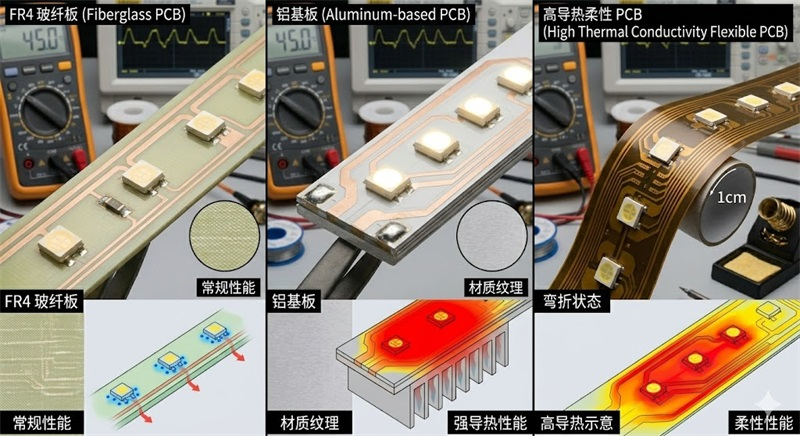 三种不同LED灯带PCB材料横向对比展示