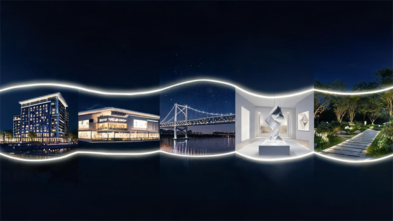jimeng-2026-07-04-2771-LED灯带应用概念图，一条发光灯带延伸连接酒店、商业综合体、桥梁、展厅和景观照明....JPG
