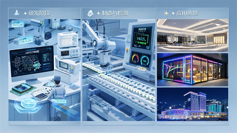 jimeng-2026-07-09-9510-LED灯带研发到应用全过程概念图，以下内容请体现在一张图中，一张图可分为三部分：....JPG