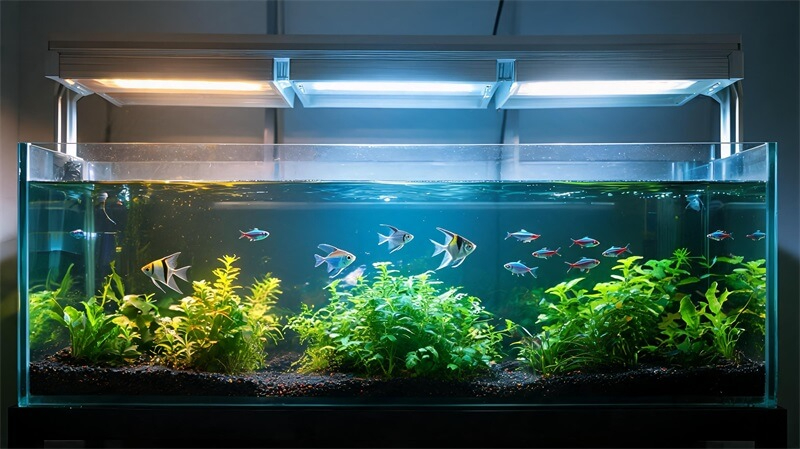 jimeng-2026-09-21-5037-8K超写实海洋馆水族展示灯光测试场景，不同色温LED灯带照射水族箱，鱼类和水草呈...