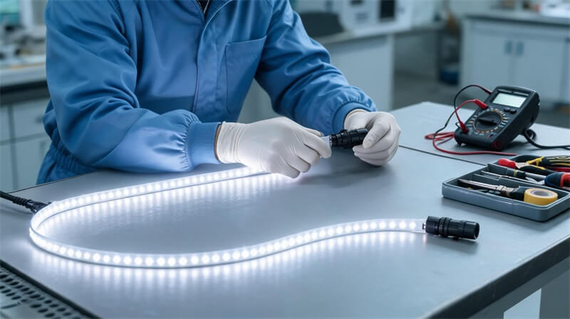 jimeng-2026-10-13-2846-8K 超写实 LED 灯带质量检查场景。技术人员在检测工作台上检查已点亮的 IP... jimeng-2026-10-13-2846-8K 超写实 LED 灯带质量检查场景。技术人员在检测工作台上检查已点亮的 IP...