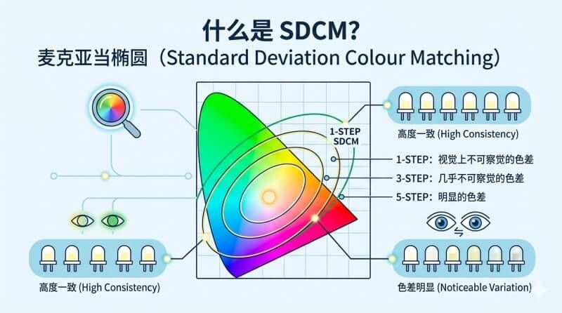 什么是 SDCM（麦克亚当椭圆）？如何保证不同批次灯带无色差？